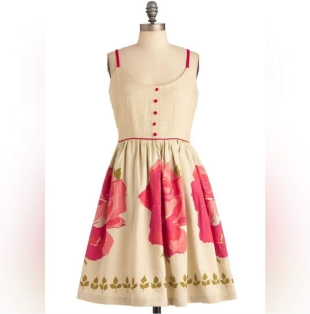Anthropologie Knitted Dove Rose Garden Floral Border Print Linen Dress Sz S